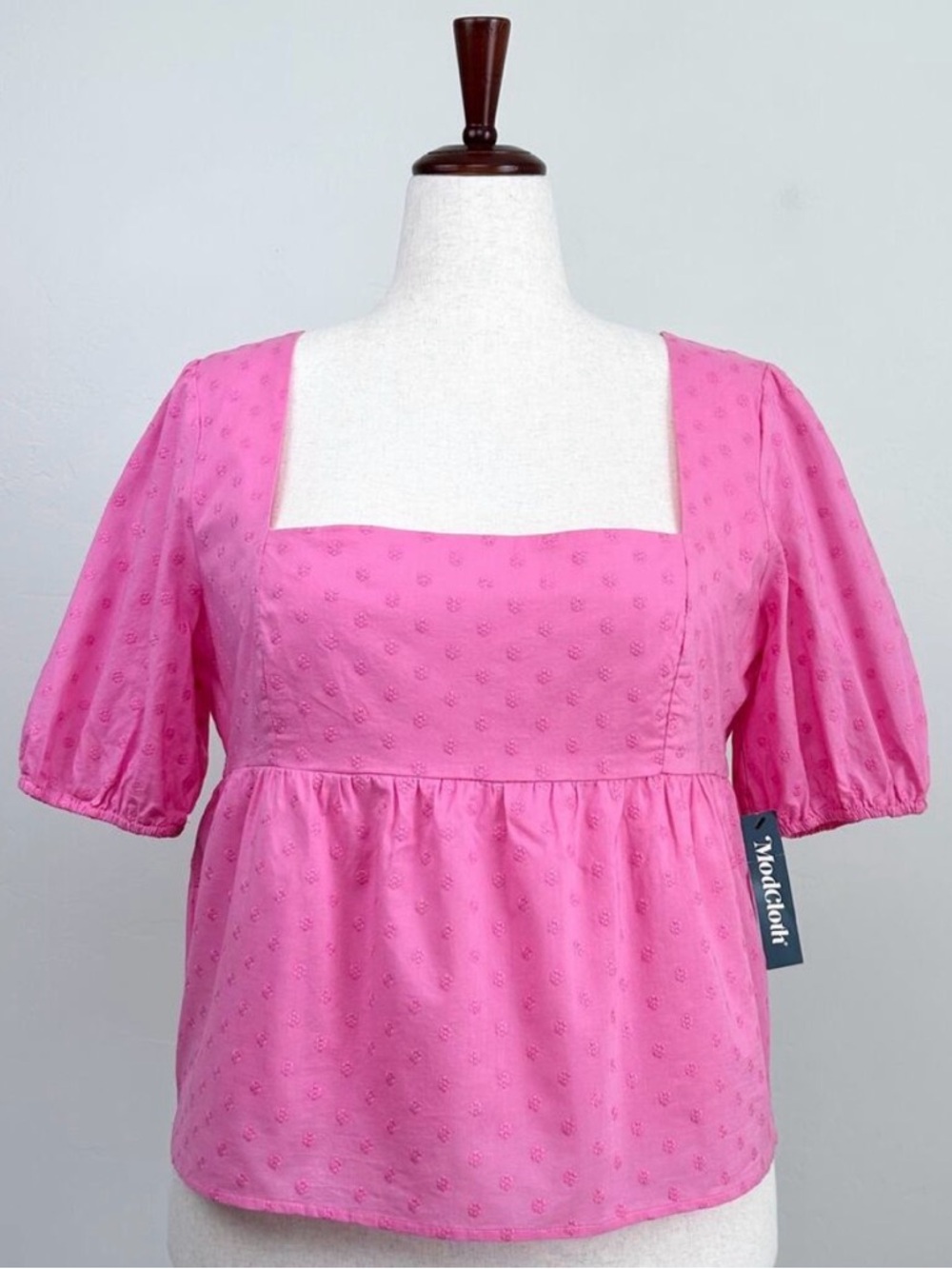 Modcloth XL Pink Cotton Clip-Dot Square Neck Babydoll Puff Sleeve Peplum Top NWT